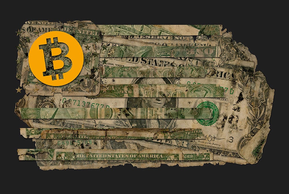 Filthy Fiat Flag — a Bitcoin flag built from mold-ruined US dollar bills, print by Coldie