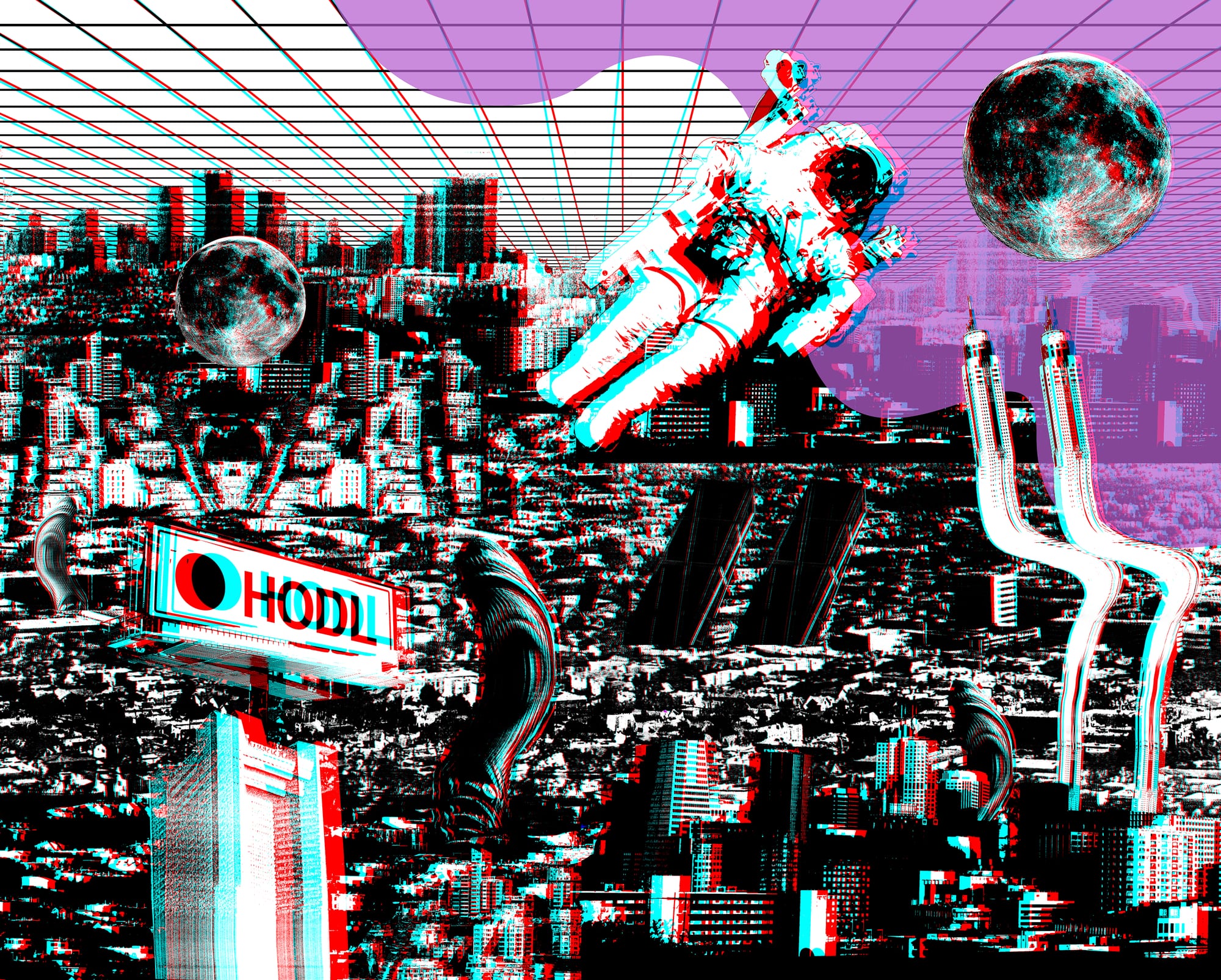 The Day We've All Been Waiting For — a red/cyan anaglyph of an astronaut ascending toward the moon beneath a HODL billboard over a city skyline. View through red/blue 3D glasses.