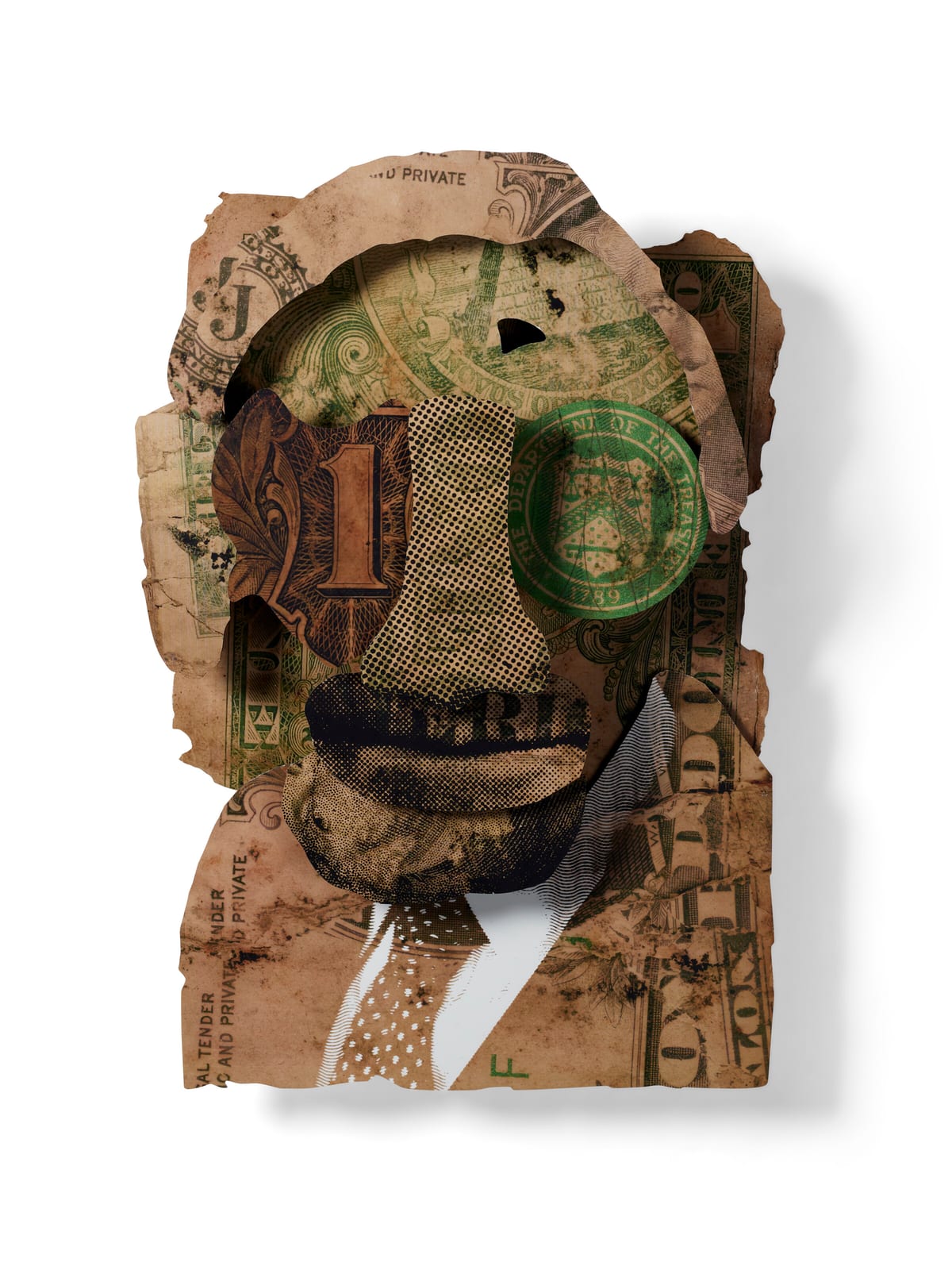 Warren Buffett — Filthy Fiat (2024), a portrait built from mold-ruined US dollar bills, sold at Christie's